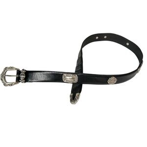 VINTAGE Western Silver Concho Black Leather Belt
